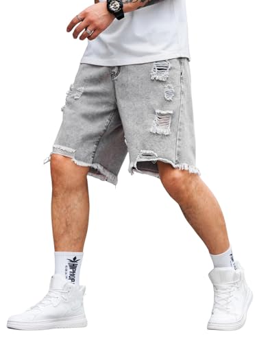 Verdusa Men's Ripped Bermuda Denim Shorts Straight Leg Jean Jorts